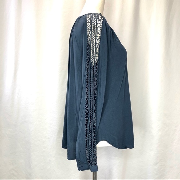 LOFT rayon Henley blouse with open lace panels on front and sleeves slate XS - Picture 4 of 8